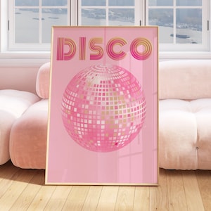 Funky Disco Ball Poster, Retro Vintage Print, Trendy Mirrorball Printable, Disco Ball Wall Art, Girly Dorm Room Decor, groovy Pink Bar Print