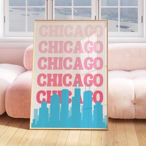 Chicago City Travel Print, Digital Art Download, Pink Blue Chicago Travel Print, Preppy Wall Print, Cityscape Travel Poster, dorm room decor