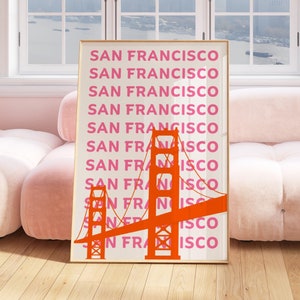 San Francisco Travel Print, Digital Art Download, Pink Orange Print, Golden Gate Bridge Wall Art, USA Poster, Dorm Room Decor, Exhibition