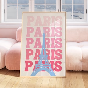 Paris Travel Print, Pink Blue Paris Travel Exhibition Print, Trendy Dorm Room Decor, France poster, trendy travel print, printable wall art