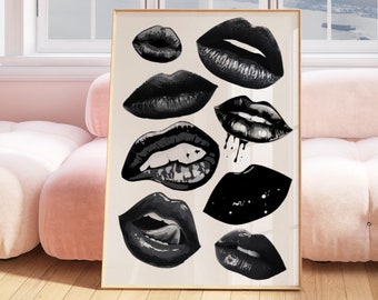 Kiss Lips Wall Art, Lips Print, Trendy Digital Prints, Preppy Dorm Poster; Trendy Art Print, Funky Print, Fashion Wall Art, Make Up Wall Art
