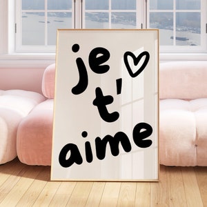 Je t&#39;aime Quote Print, PRINTABLE Wall Art, Black White Decor, French I love You Phrase, Couples Gift, I love you typography, French saying
