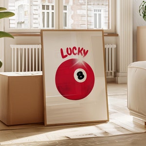 Lucky 8-ball muurkunst vintage biljartbal print rode biljartbal poster retro handgetekende slaapkamer digitale prints trendy barwagen kunst game room