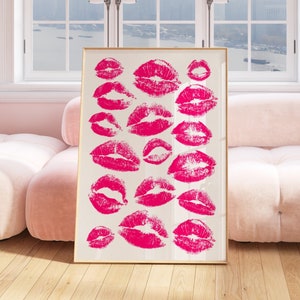 Kiss Lips Wall Art, Pink Lips Print, Trendy Digital Prints, Dorm Poster, Funky Preppy Print, Fashion Wall Art, Hot Pink Make Up Poster