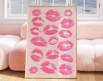 Art mural baiser lèvres, impression lèvres roses, impressions numériques tendance, affiche du dortoir preppy, impression preppy, impression funky, art mural mode, affiche de maquillage