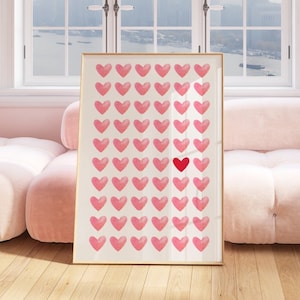 Hearts print,Pink Red preppy wall art, Pink heart Love Poster, Heart Nursery Decor, Girly room decor, printable couple gift,watercolor print