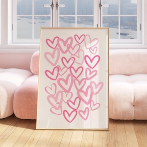 Rosa Herzen Druck, Rosa rosa Wandkunst, Graffiti Herzen bunt Poster, Trendy Funky Plakat, Girly Raumdekor, Geschenk für Paare, Liebesdruck