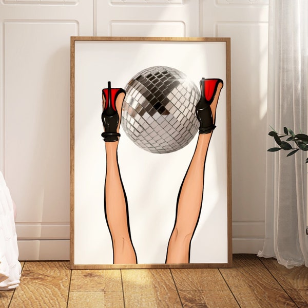 Disco Ball Print, Fashion Trendy Wall Art, Disco Preppy Wall Decor, Bar Cart Art, Retro  funky poster, High heels Print, y2k,70s art prints