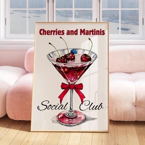 Cherries and Martinis Print Red Bar Cart Wall Art Martini Cocktail Lover Poster Cherry art print Digital Download Martini Social Club Art