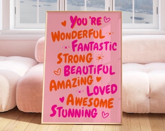 You Are Amazing Pink Orange Poster, Funky 70s Pink Wall Art, girly dorm room decor, retro Poster, Trendy Printable Art, Preppy wall art