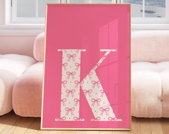 Letter K Poster, Pink Bow Print, Preppy Wall Art, K Initial Print, Cute Apartment Decor, College Dorm Decor, Blush Pink Art, Bathroom Decor