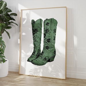 Sage Green Cowboy Boots Print, Green Coastal cowgirl boot orint, granddaughter preppy chinoiserie nursery printable art, dorm room poster