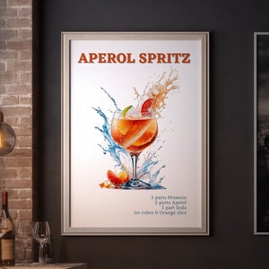 Aperol Spritz Print, Dekoracja baru koktajlowego w stylu vintage, Sztuka ścienna do kuchni w stylu retro, Wydruk na wózku barowym w stylu retro, Plakat z alkoholem, Pobieranie cyfrowe, Do druku