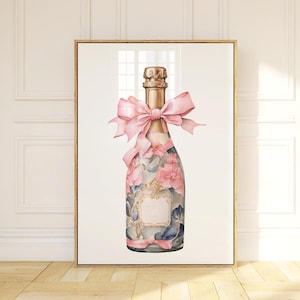 Pink Champagne With Bow Print Cocktail Printable  Art Bar Cart Decor Trendy Vintage Coquette Room Decor Retro Pink Girly College Dorm Print