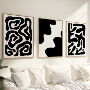 Impresiones en blanco y negro, arte abstracto negro, conjunto de 3 impresiones, galería de pared negra, póster moderno, póster abstracto minimalista, descarga instantánea