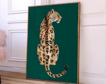 Green Leopard Art  Print Trendy Cheetah Print Glam Jaguar Wall Art Big Cat Animal Boho Jungle Poster Maximalist Feline Tiger Illustration