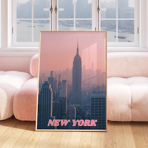 Impresión de viaje a Nueva York, descarga de arte digital, impresión rosa de viaje a Nueva York, Empire State Building, póster de viaje de paisaje urbano, póster preppy de Nueva York