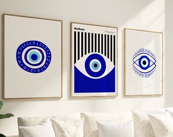 Evil Eye Poster, spiritual Wall Art, Nazar Wall Art, Greek Eye Wall Art, Blue Evil Eye Digital Wall Art, set of 3 prints, protection aura