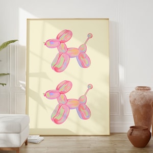 Pink Dog Balloon Retro Wall Art 70s, Preppy wall art, cute Nursery print, Trendy Funky Decor, Groovy Poster, Apartment Decor, Girly Wall Art