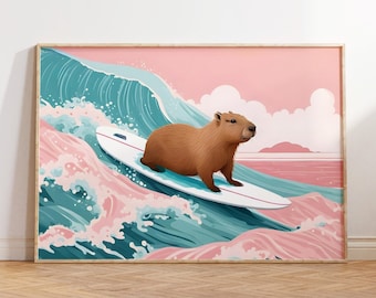 Capybara Print, Capybara Surf Poster, Pink Beachy Decor, Capybara Lover Gift, Animal Wall Art, Boho Printable Illustration, Digital Download