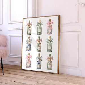 Champagne wall art, bar cart decor, champagne poster, pink girly wall art, trendy prints, bar cart art, digital print, alcohol bottles print