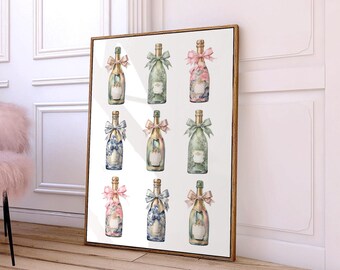 Champagne wall art, bar cart decor, champagne poster, pink girly wall art, trendy prints, bar cart art, digital print, alcohol bottles print