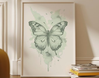 Sage Green Butterfly Print, Preppy cute apartment decor, aesthetic wall art, Green dorm room decor, girly poster, neutral funky art orint