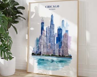 Chicago City Travel Print, Digital Art Download, Pink Blue Chicago Travel Exhibition Print, Trendy Wall Print, Cityscape Travel Posters USA