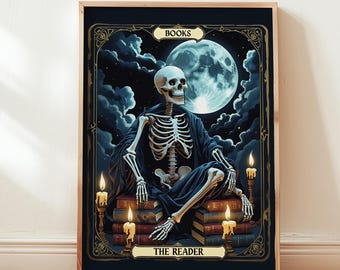 The Reader Tarot Print Skeleton Witchy Library Decor Tarot Card Wall Art  Book Lover Gift Gothic Reading Corner Art Bookish Digital Print