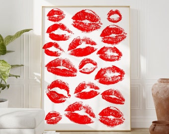 Kiss Lips Wall Art, Red Lips Print, Trendy Digital Prints, Preppy Dorm Poster; Red Print, Funky Print, Fashion Wall Art, Make Up Wall Art