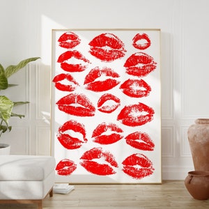 Kiss Lips Wall Art, Red Lips Print, Trendy Digital Prints, Preppy Dorm Poster; Red Print, Funky Print, Fashion Wall Art, Make Up Wall Art