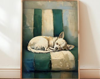 Arte de parede de cachorro dormindo verde-sálvia retrô, grande, minimalista, estampa para sala de estar, decoração listrada moderna, presente fofo para amantes de cachorros chihuahua, download digital
