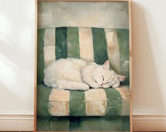 Green Sleeping Cat Wall Art Large Vintage Minimalist Living Room Print Modern Stripe Decor Cute Kitten Print Cat Lover Digital Download