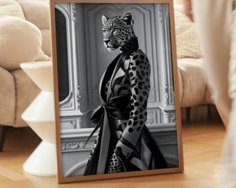 Fashion Leopard Wall Art Print, Couture Magazine Style Animal Portrait, Chic Jungle Wall Decor, Stylish Black and White Digital Download