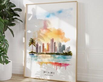 Impresión de viaje a Miami, descarga de arte digital, impresión de acuarela rosa y azul de viaje a Miami, impresión de pared moderna, póster de Miami, pósteres de viajes de EE. UU.