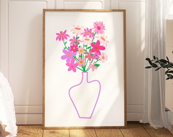 Impresión de ramo de flores, impresión de mercado de flores, decoración de dopamina, arte mural femenino de moda, póster retro, póster estilo Matisse, ilustración de jarrón