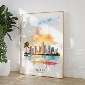 Miami Travel Print, Digital Art Download, Pink Blue Miami Travel Watercolor Print, Trendy Wall Print, Miami Poster, Travel Posters USA