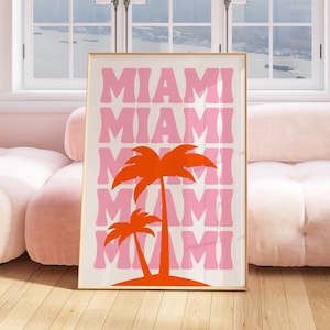 Impresión de viajes de la ciudad de Miami, descarga de arte digital, impresión de exposición de Miami naranja rosa, arte de pared de moda, cartel de Miami, decoración de dormitorio playero