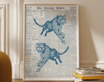 Blue Leopard Wall Art-Newspaper Poster-Trendy Cheetah Print-Blue Dorm Room Decor-Jaguar Wall Art-Blue Retro Wall Art-Big Cat Animal Poster