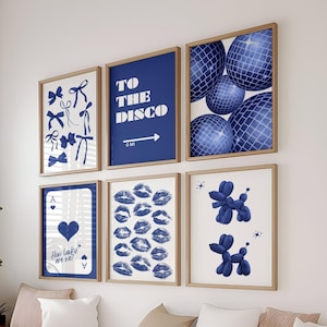 Conjunto de 6 artes de parede de discoteca azul, pôster moderno e elegante para dormitório universitário, arte de parede estética azul, impressão de bola de discoteca Y2K, download digital
