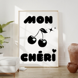 Mon Cheri Wall Print, Retro Wall Decor, Y2k Poster, Preppy Room Decor,  pink red Cherry print, Cherry Poster, French Sayings, Valentine Gift
