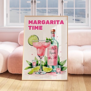 Pink Margarita & Tequila Wall Art Cocktail Print Bar Cart Digital Download, Fun Margarita Quote Art Print Girly Dorm Room Drinks Wall Decor