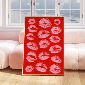 Kiss Lips Wall Art, Red Lips Print, Trendy Digital Print, Preppy Dorm Poster; Cute Pink Red Print, Funky Kisses Print, Fashion Make Up Print