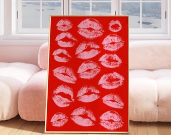Kiss Lips Wall Art, Red Lips Print, Trendy Digital Print, Preppy Dorm Poster; Cute Pink Red Print, Funky Kisses Print, Fashion Make Up Print