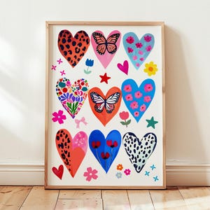 Colorful Hearts print Girly Dopamine wall art Maximalist Handrawn Poster Funky bedrroom decor Love Gift for her Eclectic Floral Animal Print