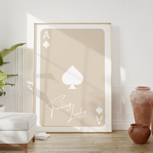 Schoppenaas speelkaart, geluk voelen digitale print, moderne game room kunst aan de muur, trendy kunst aan de muur, retro poker print, poster neutraal beige