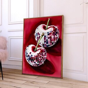 Rote Kirsche Disco Ball Print Trendige Kirschen Wand Kunst Disco Kirsche Preppy Wand Dekor Bar Warenkorb Kunst Retro funky Plakat bunt y2k Plakat