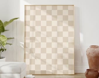 Checkered Wall Art, Beige Checker Art Print, Beige Printable wall art, Retro Funky Poster, Trendy checkerboard Poster, Beige neutral art