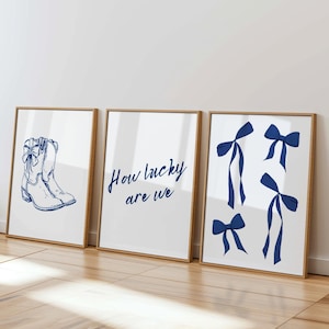 How Lucky Are We Wall Art, Coastal Cowgirl Boot Print, Navy Blue Girly Western Poster, Trendy Coquette Dorm Decor Set of 3, Digital Download