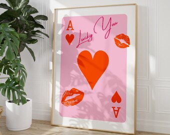 Trendy Retro Wall Art, Lucky You Poster, Trendy Aesthetic Print, Believe in your luck Prints, Ace of Hearts Print, Preppy wall art printable
